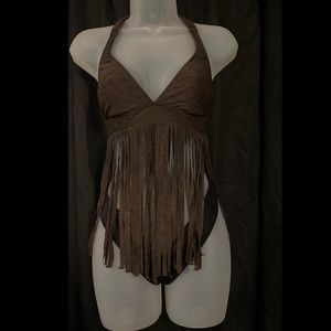 Medium Brown Bikini Fringe Bathing Swimsuit Top